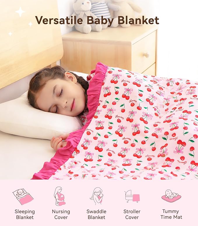 Premium Baby Blankets, Soft Viscose from Bamboo Blanket for Girls, Nursery Crib Bedding Quilt for Newborn and Toddler, Ruffle Blanket Cooling for Hot Sleepers, 50''x50'' Sweet Cherries