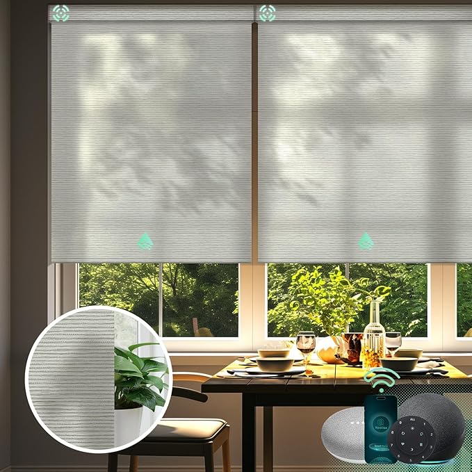 Yoolax Motorized Blinds with Remote, Light Filtering Smart Blinds Compatible with Alexa Google Home, Automatic Shades for Windows Living Room, Custom Size (50% Blackout V-Shimmer Horizontal Beige)