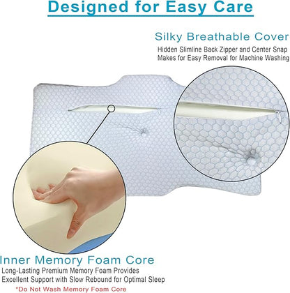 Ergonomic Cervical Memory Foam Neck Pillow for Pain Relief, Orthopedic Contour Pillow for Side, Back & Stomach Sleepers, Hypoallergenic, Breathable, Washable Cover for Better Sleep