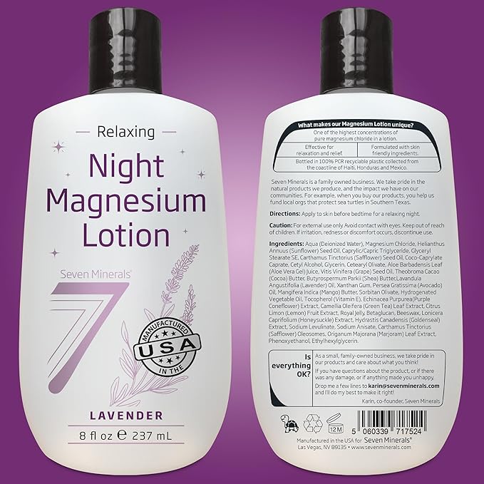 Seven Minerals Magnesium Lotion for Sleep - Lavender Relaxing Night Blend - Highly Concentrated Magnesium for Better Sleep, Body & Mind Relaxation. Non-Greasy Skin Friendly - 8 fl oz