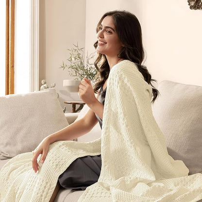 PHF Cooling Waffle Blanket Queen Size, Lightweight 60% Rayon Derived from Bamboo & 40% Cotton Breathable Blanket for Hot Sleepers, Soft and Luxury for Bed Couch and Sofa, 90"x90", Ivory