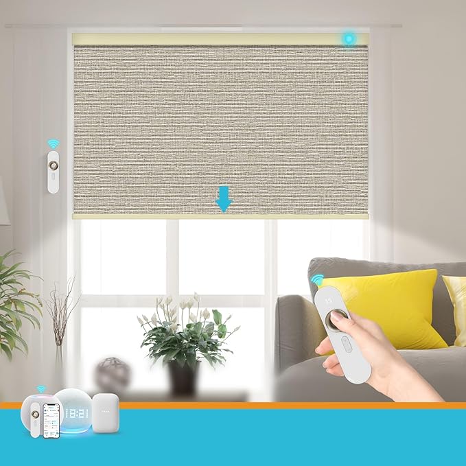 Motorized Blinds with Remote, 100% Blackout Smart Blind Roller Shades Compatible with Alexa Homekit, Automatic Electric Shades for Windows Customized Size（Elegant-Cream）