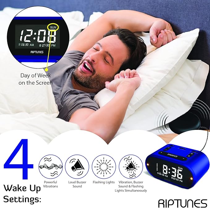 Riptunes Loud Alarm Clock with Bed Shaker for Heavy Sleepers & Hearing Impaired - Dual Alarm for Bedroom Weekday and Weekend Settings USB Charging, Dimmer, Snooze