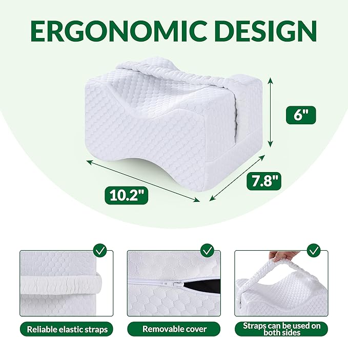 Knee Pillow for Side Sleepers with Straps, Charcoal Memory Foam Leg & Knee Pillow for Hip Pain, Back Pain, Sciatica Pain Relief, Pregnancy, Knee Support Pillow for Sleeping