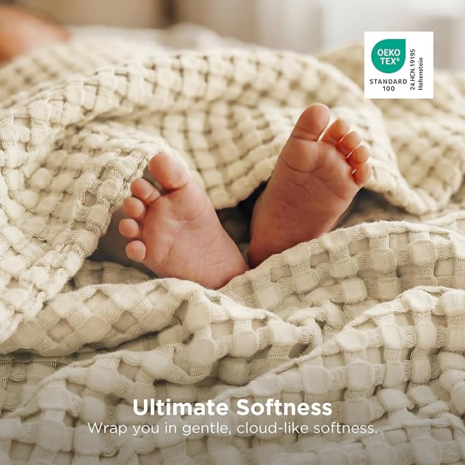 Bedsure Cooling Cotton Waffle Throw XL Blanket - Lightweight Breathable Blanket of Rayon Derived from Bamboo for Hot Sleepers, Natural, 50x70 Inches