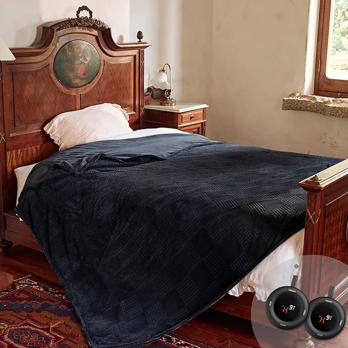Electric Blanket Queen Size 84''X90'' - Heated Blanket with Dual Control Fast Heating 10 Heating Levels & 10 Hours Auto Off,ETL Certified Machine Washable (Black)