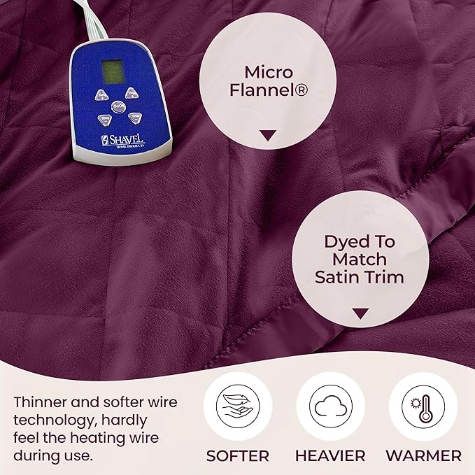 Thermee Micro Flannel Blanket Full Size Heated Blanket with 10 Settings, Programable Heating Blanket, Luxuriously Soft Heated Throw Blanket, Rapid Heating Thermal Blanket, Warm Blanket - Burgundy