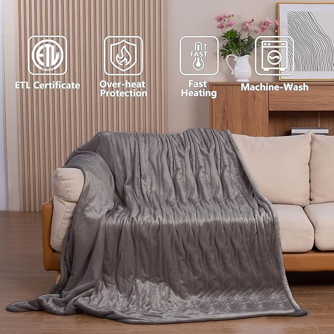 Tefici Heated Blanket Queen Size with Dual Control，Soft Flannel Electric Blanket Queen,Fast Heating with 3 Heat Levels,8 Hours Auto Off,Machine Washable, ETL&FCC Certified，84x90Inch，Gray