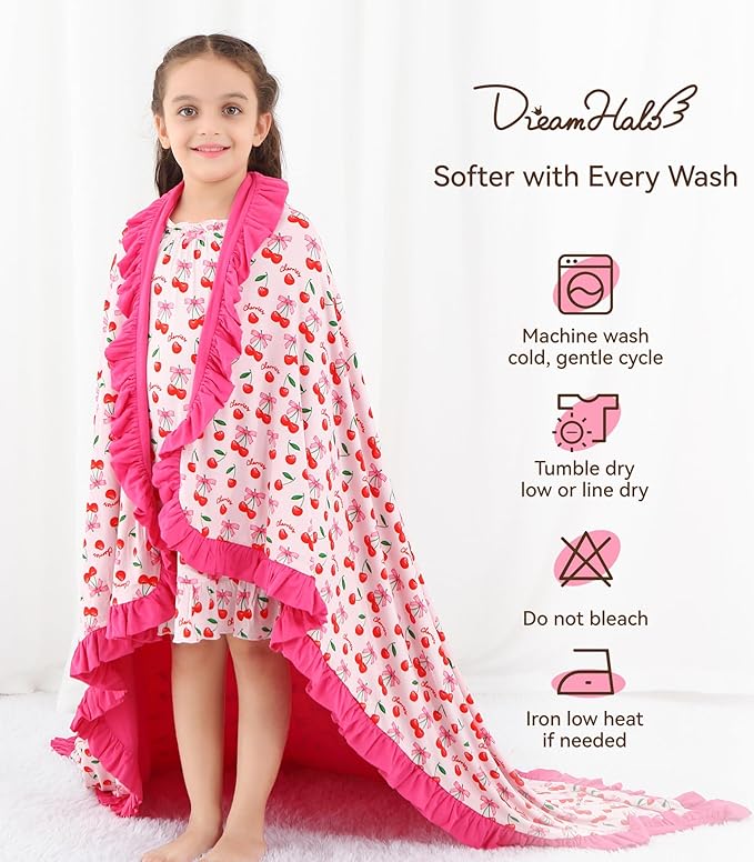 Premium Baby Blankets, Soft Viscose from Bamboo Blanket for Girls, Nursery Crib Bedding Quilt for Newborn and Toddler, Ruffle Blanket Cooling for Hot Sleepers, 50''x50'' Sweet Cherries