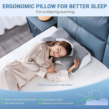 Elviros Cervical Memory Foam Pillows for Neck and Shoulder Pain, Ergonomic Orthopedic Sleeping Support Pillow for Side Sleepers, Back and Stomach Sleepers (Blue)