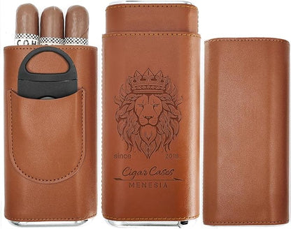 Brown Cigar Case with Cutter - Portable Leather Travel Cigar Holder and Pouch Kit for Men