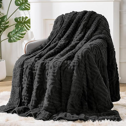 Sherpa Fleece Adult Weighted Blanket Great for Sleep, 15 lbs Dual Sided Soft Fuzzy Heavy Blankets for Couch Bed Sofa, Cozy Warm Fluffy Arched Jacquard Throw for Winter (Black, 60" x 80", 15 Pounds)