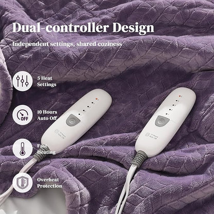 Electric Blanket Queen 84"x90" Heated Blanket Queen Size Dual Control Wheat Pattern Ultra-soft Flannel & Thick Sherpa with 5 Heat Settings & 10H Auto Off, FCC/ETL Certified, Machine Washable, Lavender