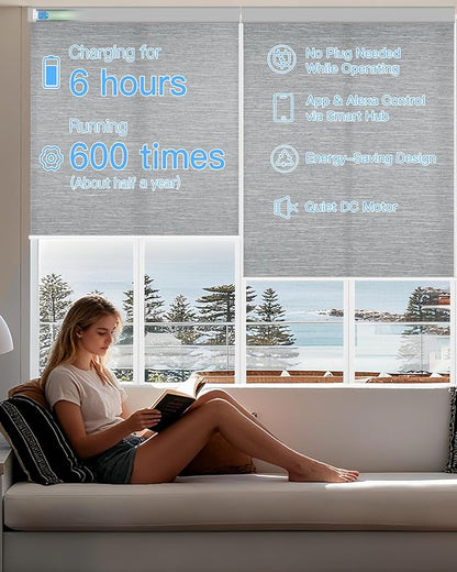 Motorized Light Filtering Roller Shades with Remote Control, Smart Blinds for Windows Compatible with Alexa Google via Hub, Rechargeable Electric Window Shade Customized Size(Texture Grey)