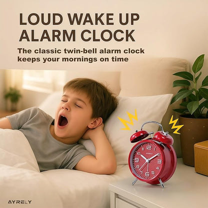 AYRELY® Super Loud Twin Bell Alarm Clock for Heavy Sleepers Adults, 4-Inch Retro Silent Non-Ticking with Night-Light, 3D Raised Number Dial, Battery Operated for Bedroom Bedside (3D Dial – Red)