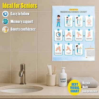 Washing Hands Chart Step by Step Laminated 9x12 Inch for Children Self Care Visual Chart Ideal for Special Needs and Autism (Washing Hands Chart - English)
