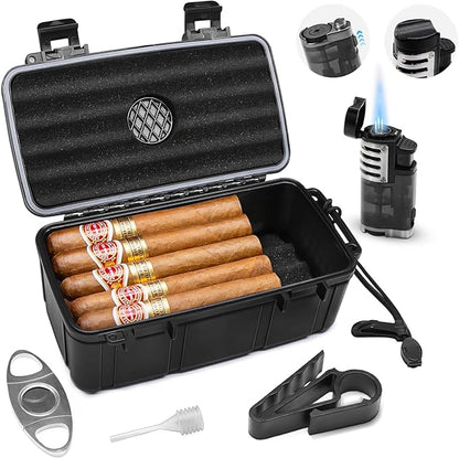 Flauno Travel Humidor - Portable Case Kit with Lighter (Without Gas), Cutter, Holder, Humidifier & Dropper, Waterproof, Crushproof, Airtight Seal (Holds up to 15 Cigars)
