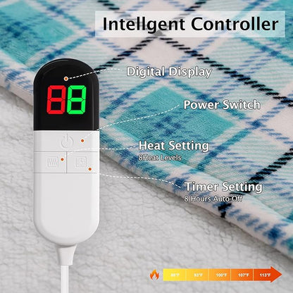 Electric Heated Blanket 50"x60",Fast Heated Throw with 8 Hours Auto Off/8 Heats Levels,Soft Blue Plaid Sherpa Electric Blanket with ETL Certification & Over-Heat Protection