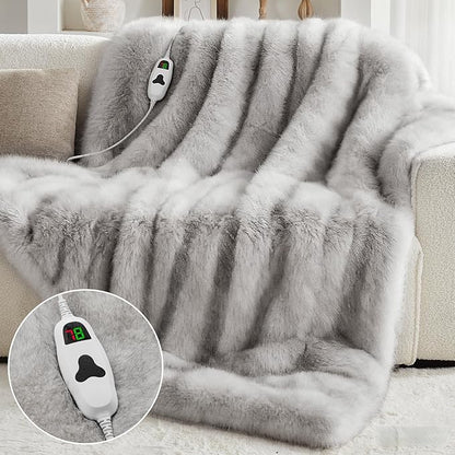 Heated Electric Blanket Throw,Octrot 50"X60" Faux Fur Heating Blanket Luxury Christmas Gifts Heavy Plush with 10 Heats Levels & 8 Hours Auto Off,Super Cozy Warm Fuzzy,Fluffy Decor Winter Warming,White
