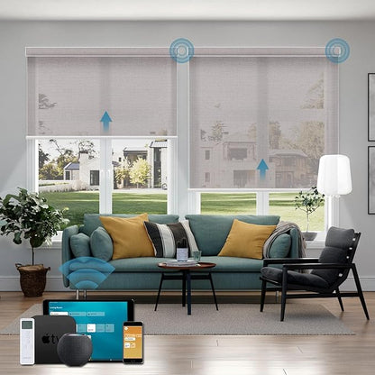 Motorized Light Filtering Roll Shades Work with HomeKit, 50% Blackout Smart Blinds for Windows, Electric Blinds with Remote, APP/Voice Control, Automatic Solar Shades,Sunscreen PVC Free Stone