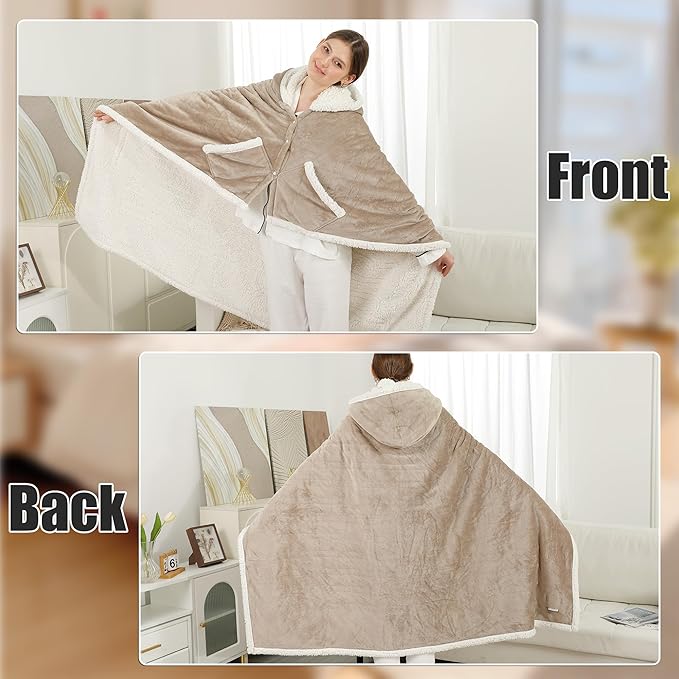Heated Blanket Wearable Shawl Electric Throw, Heated Wrap with Pockets, Poncho Blanket Hoodie for Adult, 6 Heat Settings & 1-4H Timer Auto Off, Gift, 50 * 64", Camel