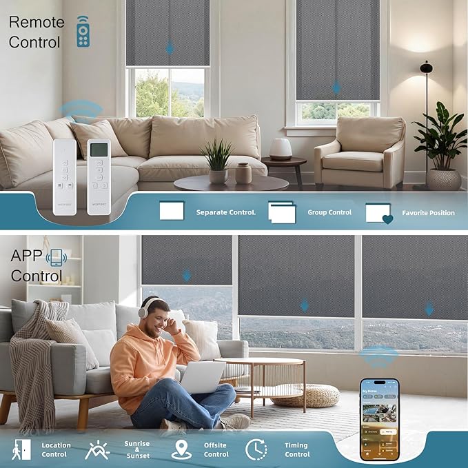 Motorized Blinds Compatible with Alexa,Google Asssitant,Homekit Over Thead,5% Openness Smart Blind with Remote Control,APP/Voice Control,Automatic Rechargeable Battery,Aventus Charcoal Grey