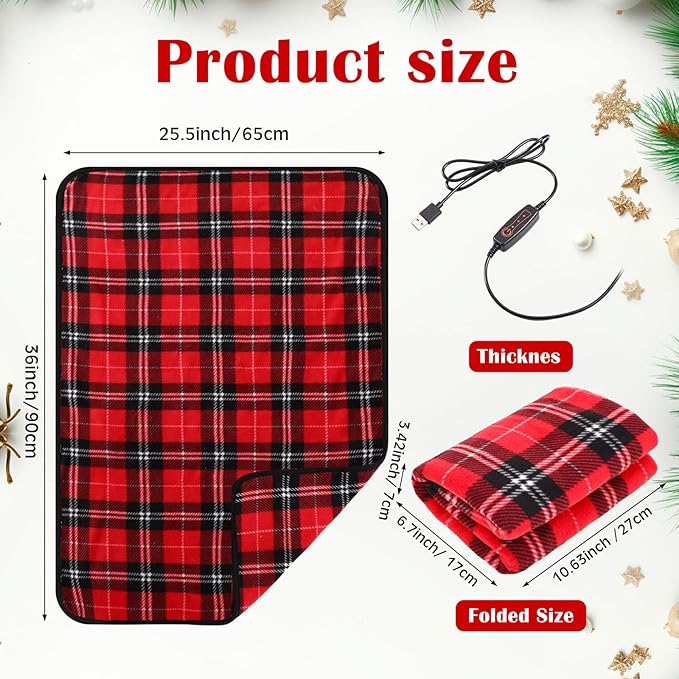 Tuanse 2 Pcs USB Heated Blanket 25"x35" Small Portable 5v 3 Setting Electric Blanket with Timer and Temperature Controller Winter Wearable Recharge Throw for Travel Home(Rose Red Plaid)