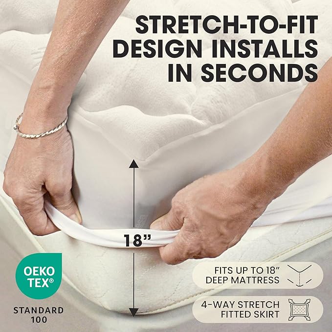 Cheer Collection Queen Size Rayon from Bamboo Mattress Topper – Thick, Plush, and Cooling Mattress Pad, Machine Washable Mattress Topper for Queen Bed