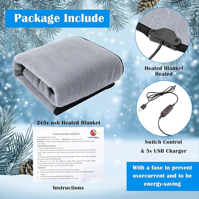 Tuanse 2 Pcs USB Heated Blanket 25"x35" Small Portable 5v 3 Setting Electric Blanket with Timer and Temperature Controller Winter Wearable Recharge Throw for Travel Home(Gray)