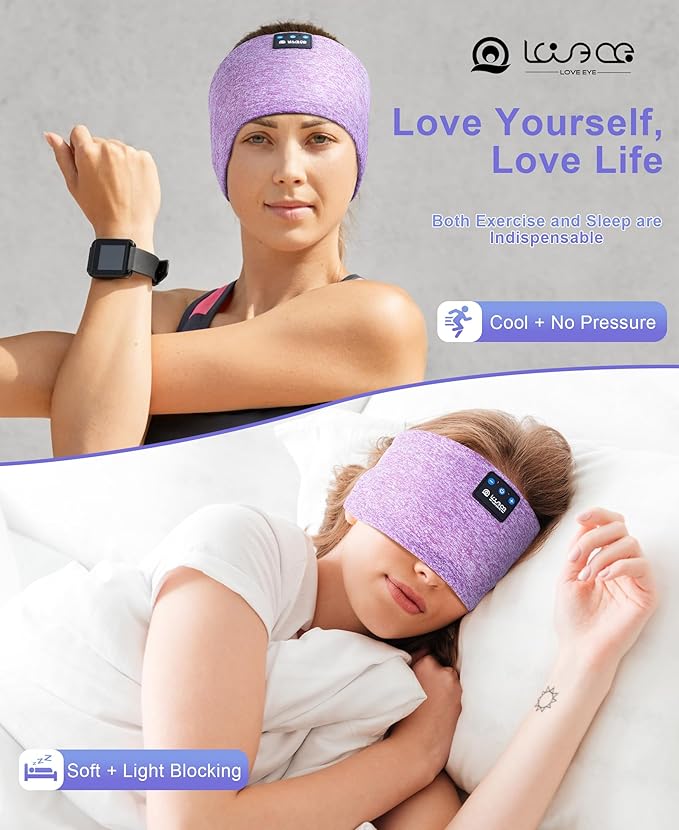 LOVE EYE Sleep Headphones Wireless Headband Headphones Bluetooth 5.4 for Side Sleeper Bluetooth Headband Earphones for Sports for tech Gadgets Gifts (Lavender Purple)