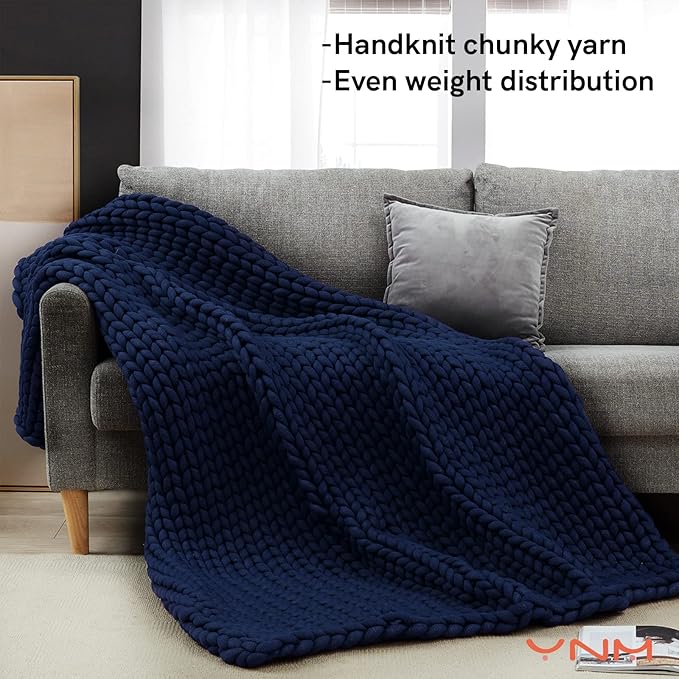 YnM Knitted Weighted Blanket, Hand Made Chunky Knit Weighted Throw Blanket for Sleep, Stress or Home Décor (Navy, 60''x80'' 15lbs), Suit for One Person(~140lb) Use on Twin/Full Bed