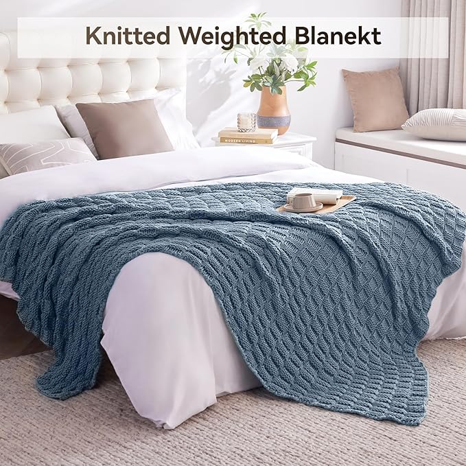 Knitted Weighted Blanket for Adult, No Beads Heavy Blanket 60” x 80'' 20lbs, Breathable Chunky Knit Blanket, Cooling Weighted Blanket for Hot Sleepers, Christmas Home Decor (Light Blue)