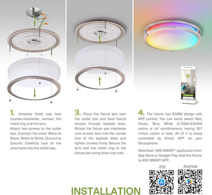 ASD LED 14" Round Flush Mount Lighting, Close to Ceiling Light Fixture | Smart, Multicolor, Dimmable, ETL Listed | 21W 1429LM RGB-2700-6500K 120V | Low Profile Double Ring Lamp | Nickel