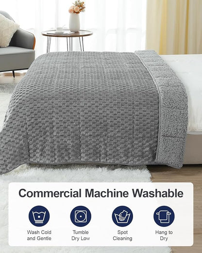 Super Soft Luxury Fleece Sherpa Weighted Blanket 15 lbs for Adults, Turtle Shell Fuzzy Cozy Fluffy Queen Size Weighted Throw, Ceramic Beads Washable Heavy Blankets for Couch Bed, Grey, 60" x 80"