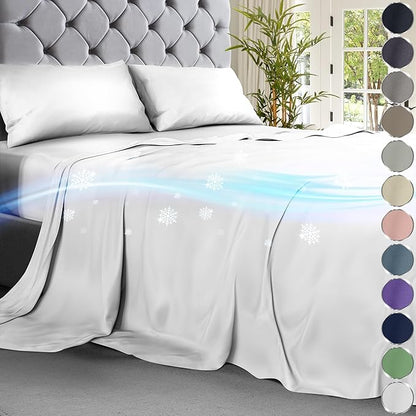 DECOLURE Cooling Sheets Queen Set 4pcs - Luxurious & Ultra-Soft Cooling Bed Sheets Queen Size for Hot Sleepers - Comfortable Bamboo Viscose Microfiber Queen Bed Sheets Set Cooling (White)