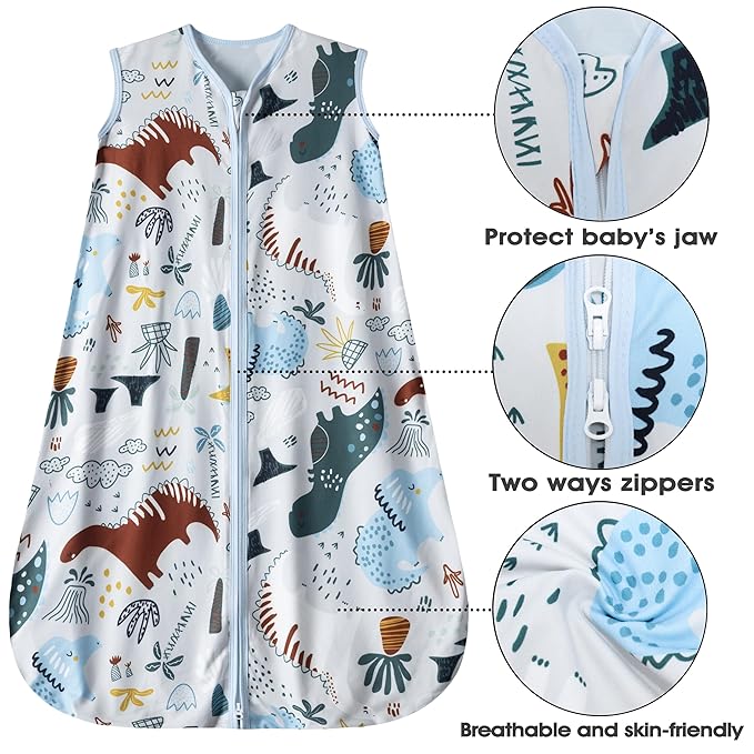 Baby Sleep Sack 6-12 Months 3 Pack Baby Wearable Blanket 100% Rayon Cotton 2-Way Zipper Toddler Sleeping Sack .Comfy Soft Lightweight TOG 0.3 (Elephant&Dinosaur&Hexagon,)