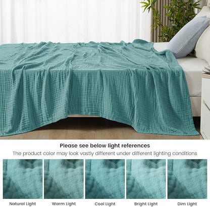 PHF Cooling Muslin Twin Blanket for Hot Sleepers, 60% Viscose from Bamboo, 40% Cotton and 4-Layer Breathable Gauze Blanket for Bed Couch, 66"x90", Teal Blue