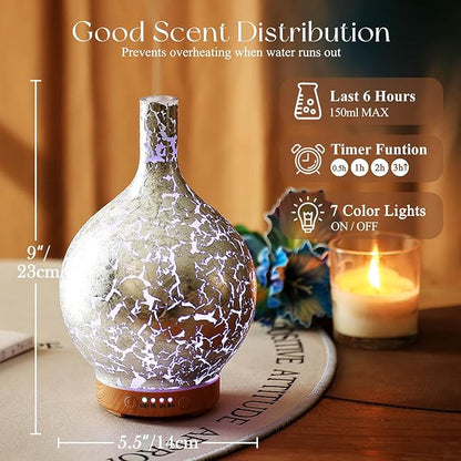 Porseme Silver Plated Essential Oil Diffuser Glass Aromatherapy Ultrasonic Humidifier Cool Mist, Auto Shut-Off,Timer Setting, BPA Free for Home Hotel Yoga Leisure SPA Office Premium Gift 150ml