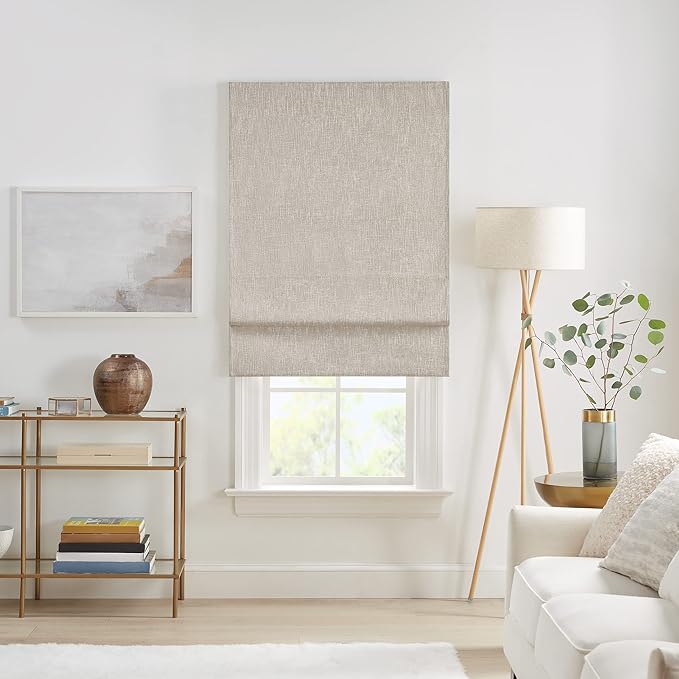 Eclipse Drewton Motorized 100% Blackout Cordless 27 in Wide x 64 in Long Textured Roman Shade in Linen