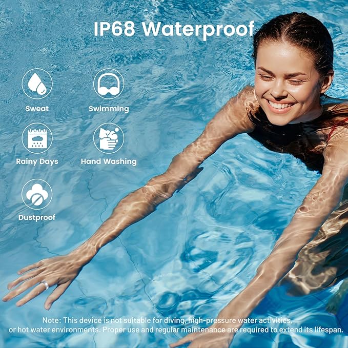 Smart Ring for Women & Men - IP68 Waterproof Fitness Tracker with Long Lasting Batteries, 28-Language App, Sleep/Step/Heart Rate Monitor, Compatible with iOS & Android (Black, 7)
