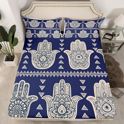 Hamsa Hand Kids Sheet Full Size,Boho Lucky Hand of Fatima Bedding Set,Boys Girls Adults Room Decor,Mandala Flowers Geometric Abstract Blue Exotic Bed Sheet Set 4pcs(Fitted + Flat + 2 Pillowcases)