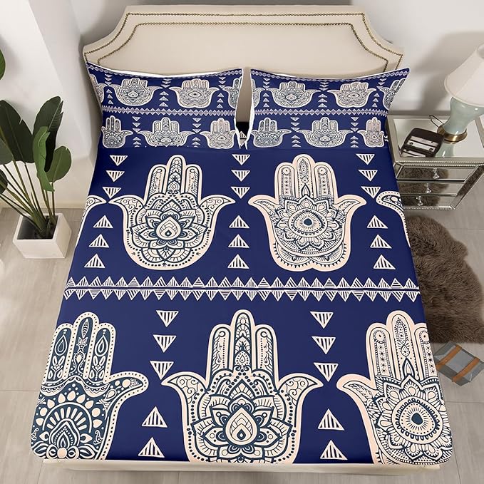 Hamsa Hand Kids Sheet King Size,Boho Lucky Hand of Fatima Bedding Set,Boys Girls Adults Room Decor,Mandala Flowers Geometric Abstract Blue Exotic Bed Sheet Set 4pcs(Fitted + Flat + 2 Pillowcases)