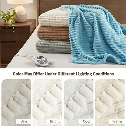 Serta Electric Blanket, Soft, Ribbed, Plush Heating Blanket Twin for Office, Couch, 1-12 hr Auto Shut Off Timer, 10 Lv Heating, ETL Certified, Twin 62"x84" Marshmallow