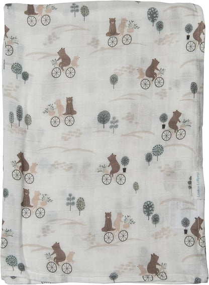 Loulou Lollipop Muslin Swaddle Blanket, Bears on Bike - 70% Rayon from Bamboo, 30% Cotton, Size 18-24M, Unisex, Lightweight, Summer, Swaddle, Sleep & Swaddle