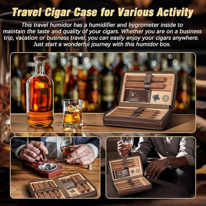 TISFA Cigar Humidor, Leather Cigar Case with Cigar Lighter, Cigar Cutter V Cut, Cigar Stand 3 in 1, Portable Travel Humidor with Humidifier, Cigar Gift Cedar Wood Cigar Box (Dark Brown)