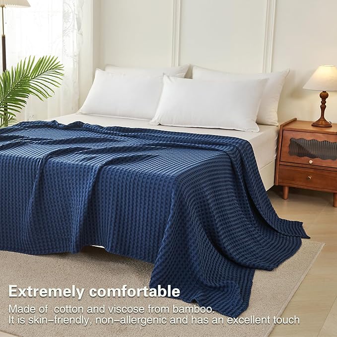 Aganear Waffle Blanket - Lightweight Breathable Summer Blanket of 50% Cotton and 50% Rayon Derived from Bamboo for Hot Sleepers Luxury Throws for Bed, Couch and Sofa,Navy,104x90 Inches