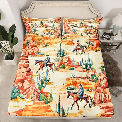 Manfei Western Cowboy Kids Sheet Full Size,Cactus Desert Southwest Country Bedding Set, Boho Rustic Farmhouse Kids Room Decor,Orange Green Sheet(Fitted+Flat+2 Pillowcases)