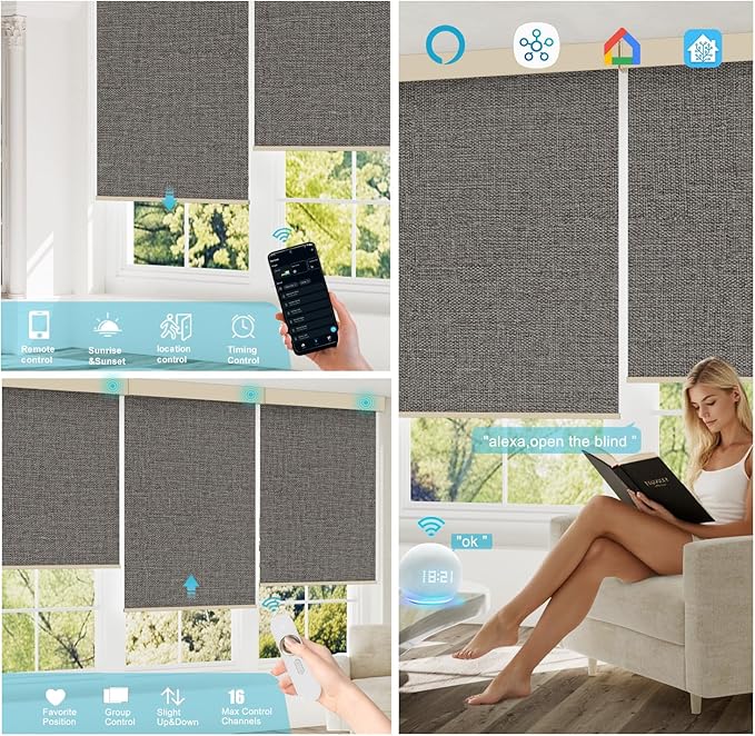 Motorized Blinds with Remote, Smart Blind Roller Shades Compatible with Alexa, Rechargeable Battery Solar Power Electric Window Blinds Motorized Shades Customized Size (Luxury-Light Brown)