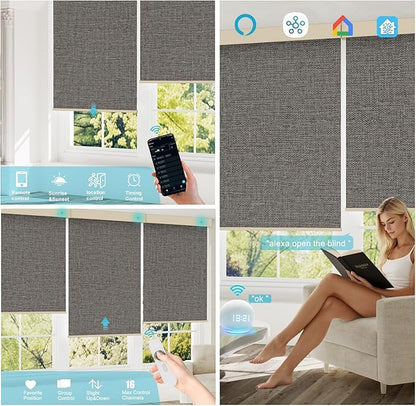 Motorized Blinds with Remote, Smart Blind Roller Shades Compatible with Alexa, Rechargeable Battery Solar Power Electric Window Blinds Motorized Shades Customized Size (Luxury-Light Brown)