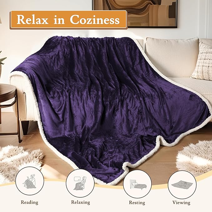 Electric Heated Blanket 62"x84" Twin Size Flannel & Sherpa - 4 Heat Settings & 10H Auto Shut Off for Safe Overnight Use, Fast Heating, Machine Washable for Bed, Couch, Office - Purple